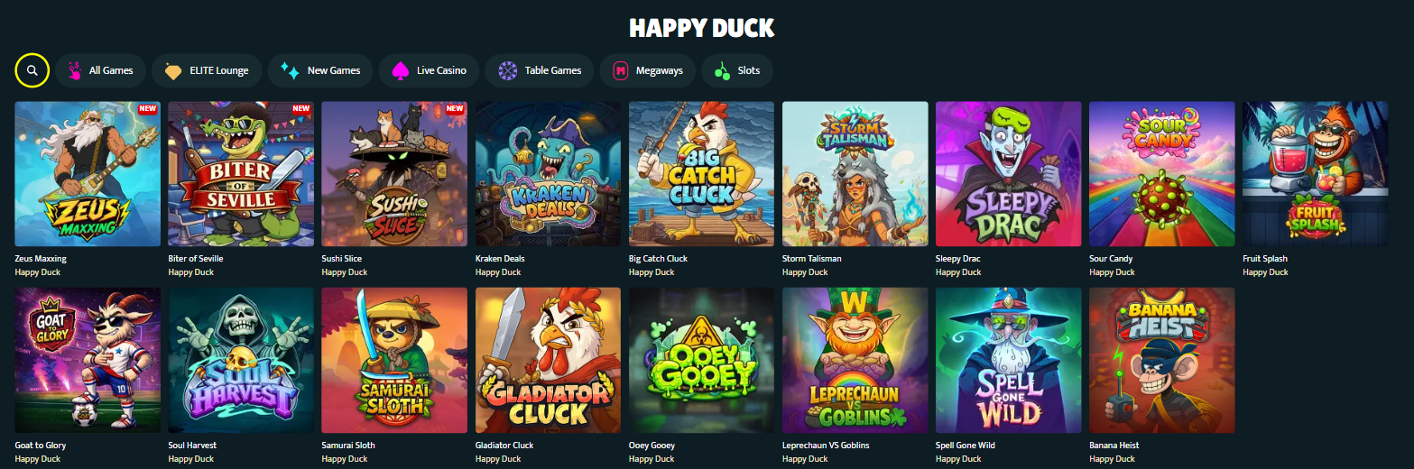 Happy Ducks spelsida på SlotSpice med Zeus Maxxing, Biter of Seville och Banana Heist