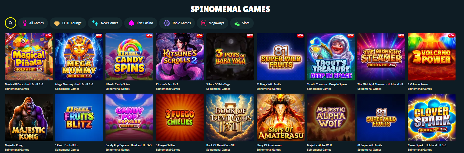 Spinomenal Games sida hos SlotSpice med Magical Piñata, Book of Demi Gods VII och Majestic Kong