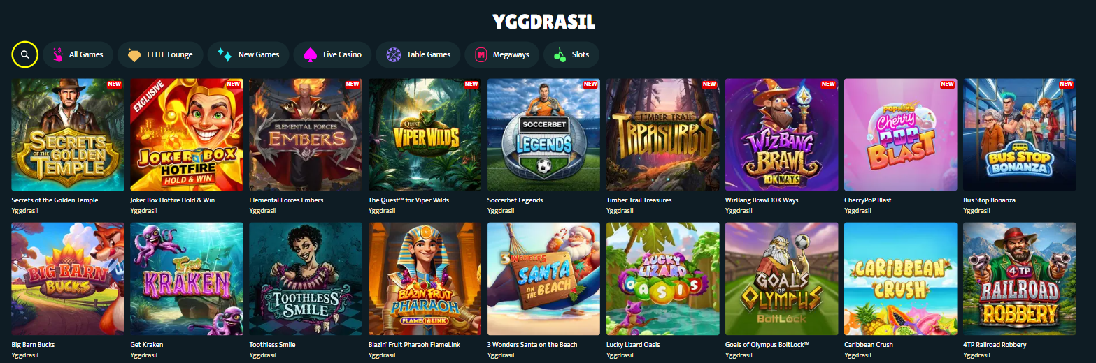 Yggdrasils spelkatalog på SlotSpice med Secrets of the Golden Temple, Joker Box Hotfire och CherryPoP Blast